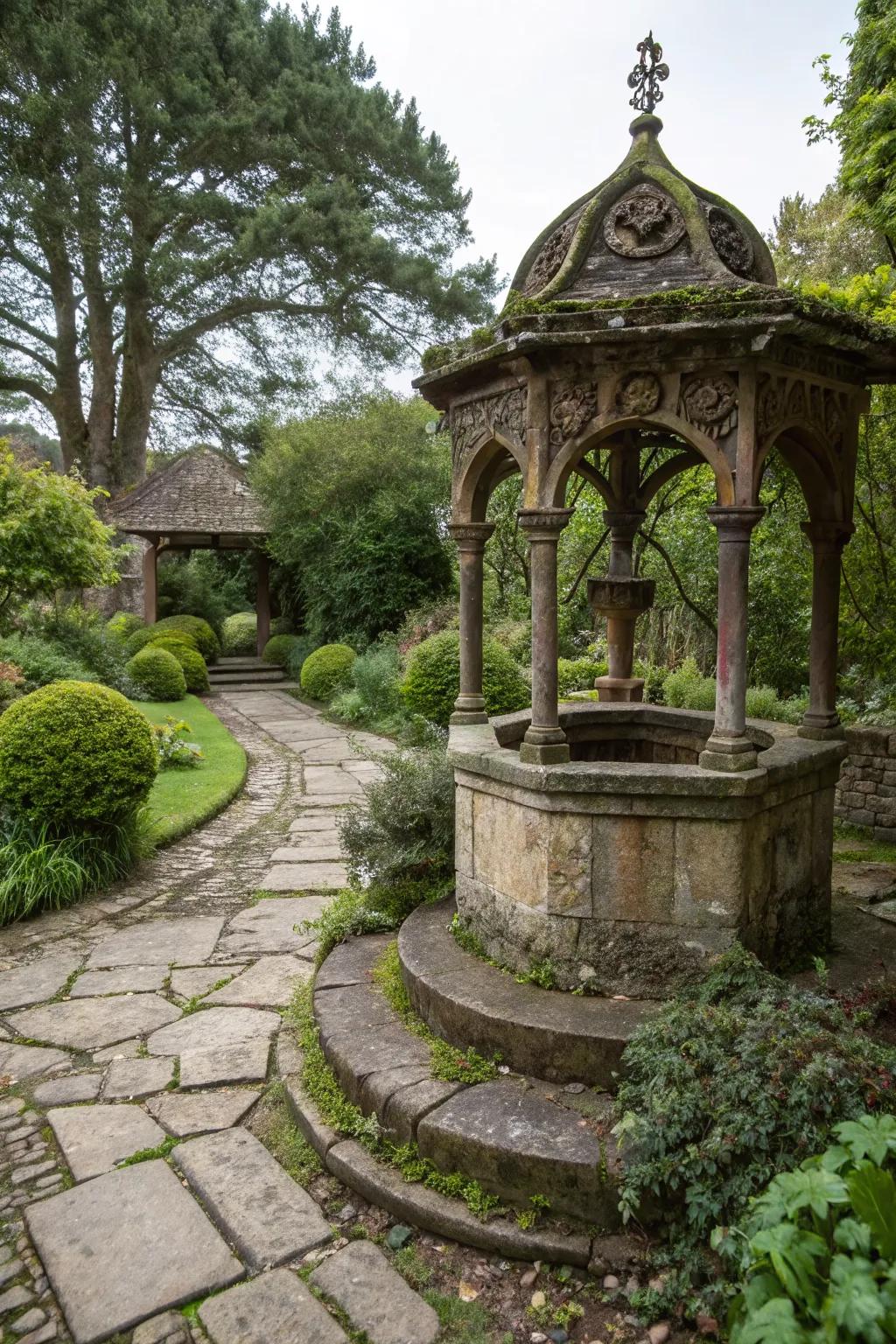 Vintage wishing wells offer an air of timeless elegance.