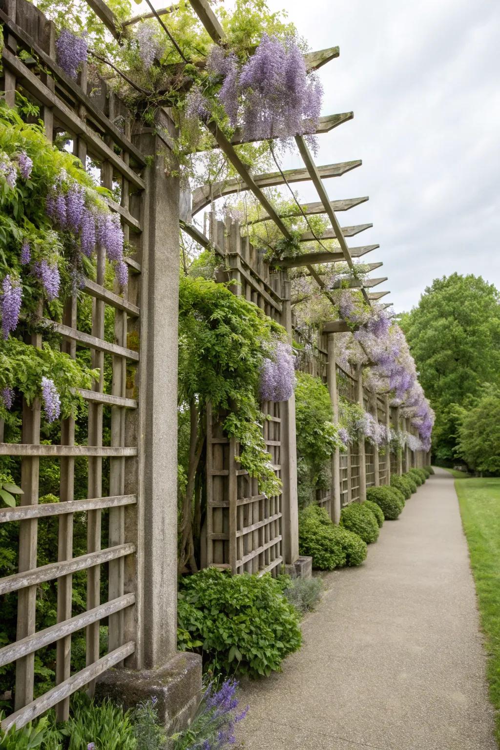 A vertical garden showcasing wisteria on trellises, adding depth.