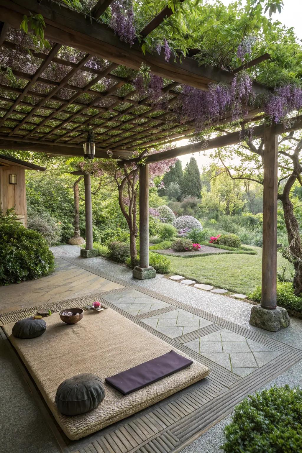 A meditative haven under the calming presence of wisteria.