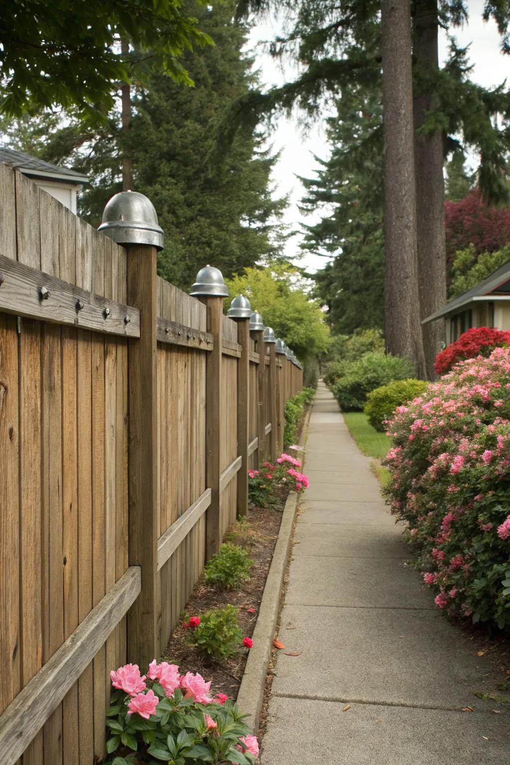 Durable and polished with metal-capped wooden fencing.