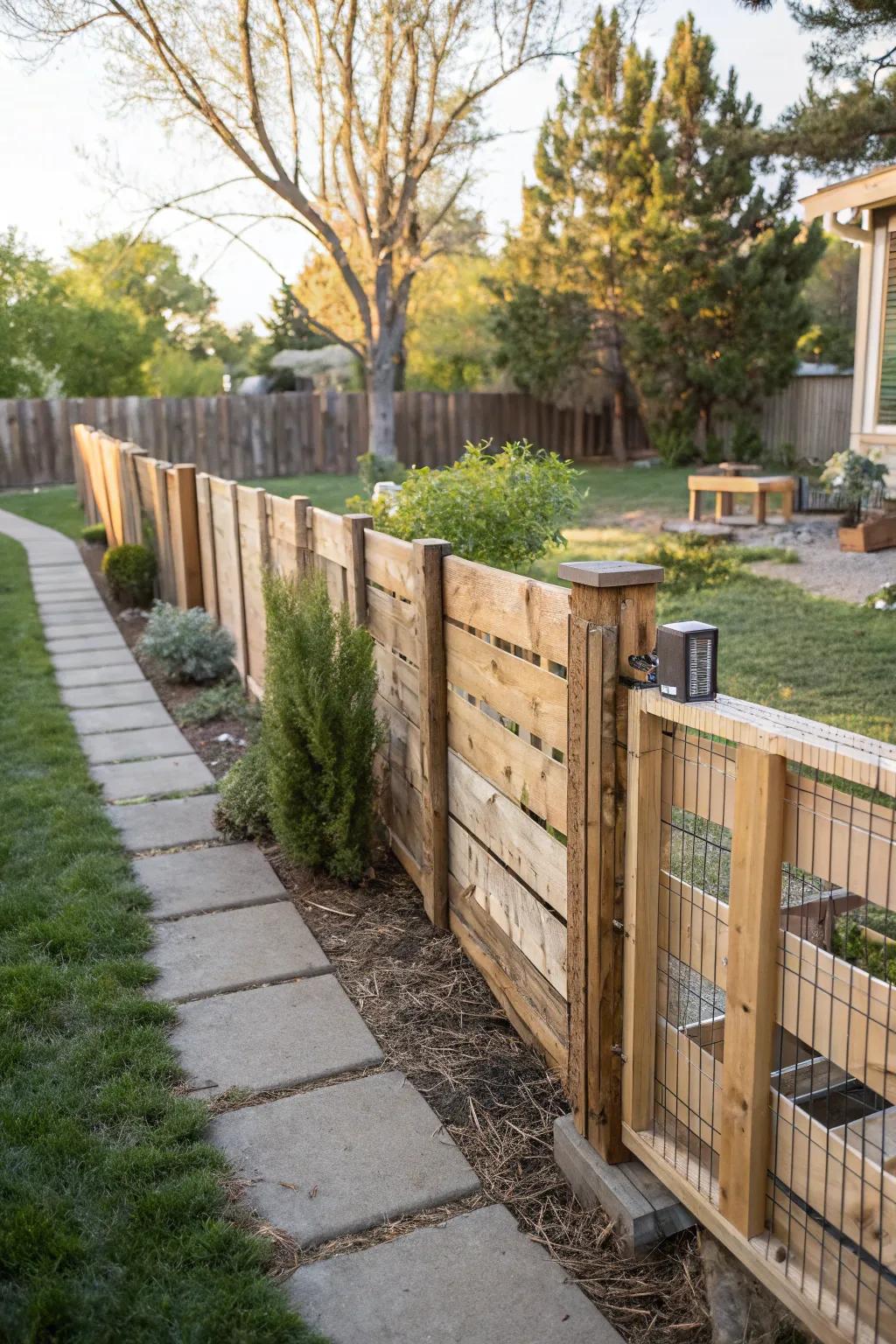 Pallet wood creativity for a unique, budget-friendly fence.
