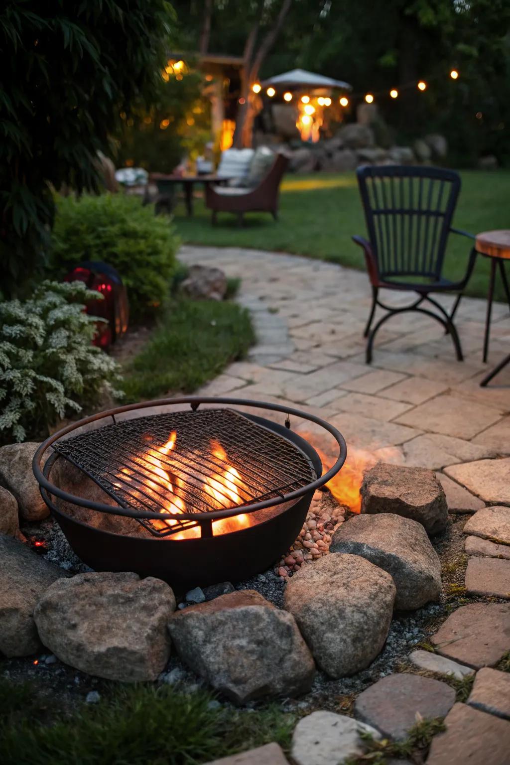 A fire pit with a cooking grate turns gatherings into culinary adventures.
