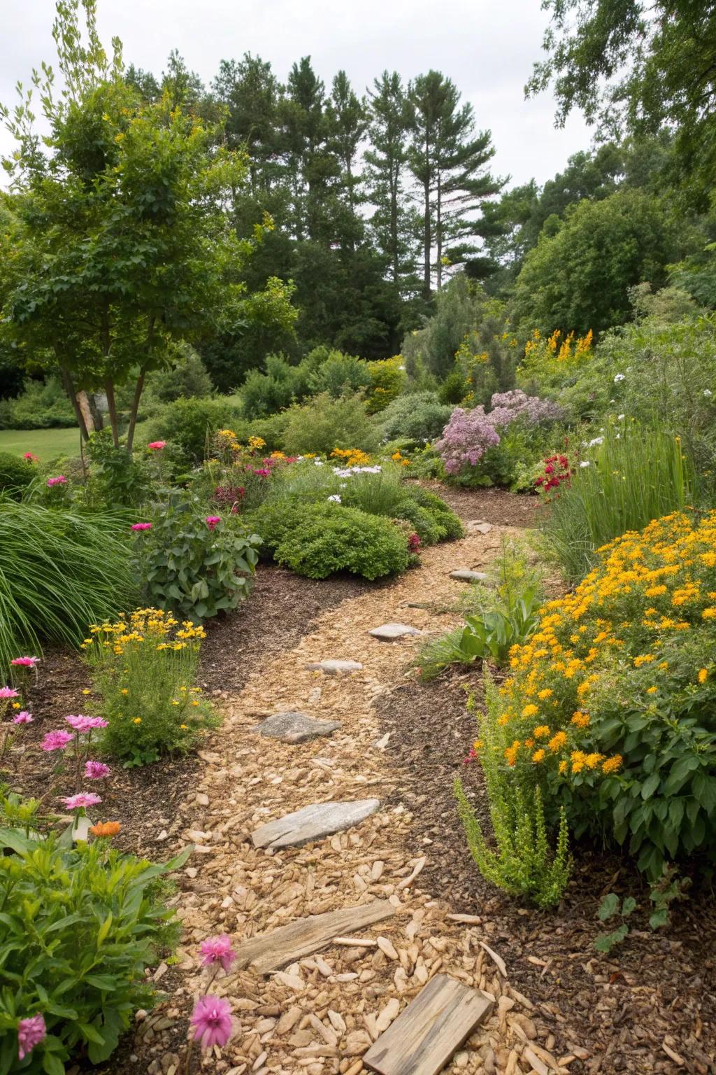 A harmonious blend of wood chips and natural flora.