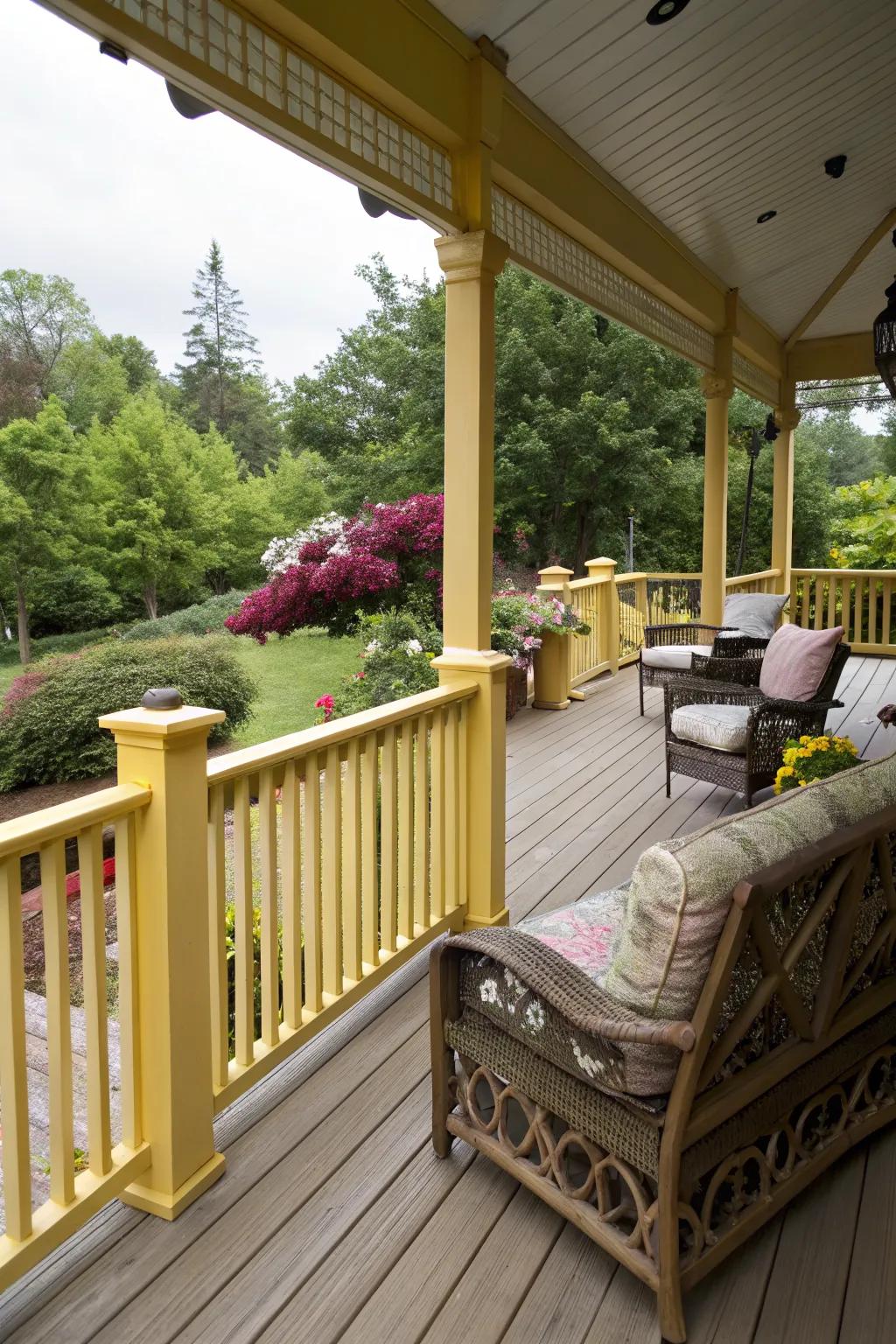A deck that radiates warmth and cheer with yellow accents.