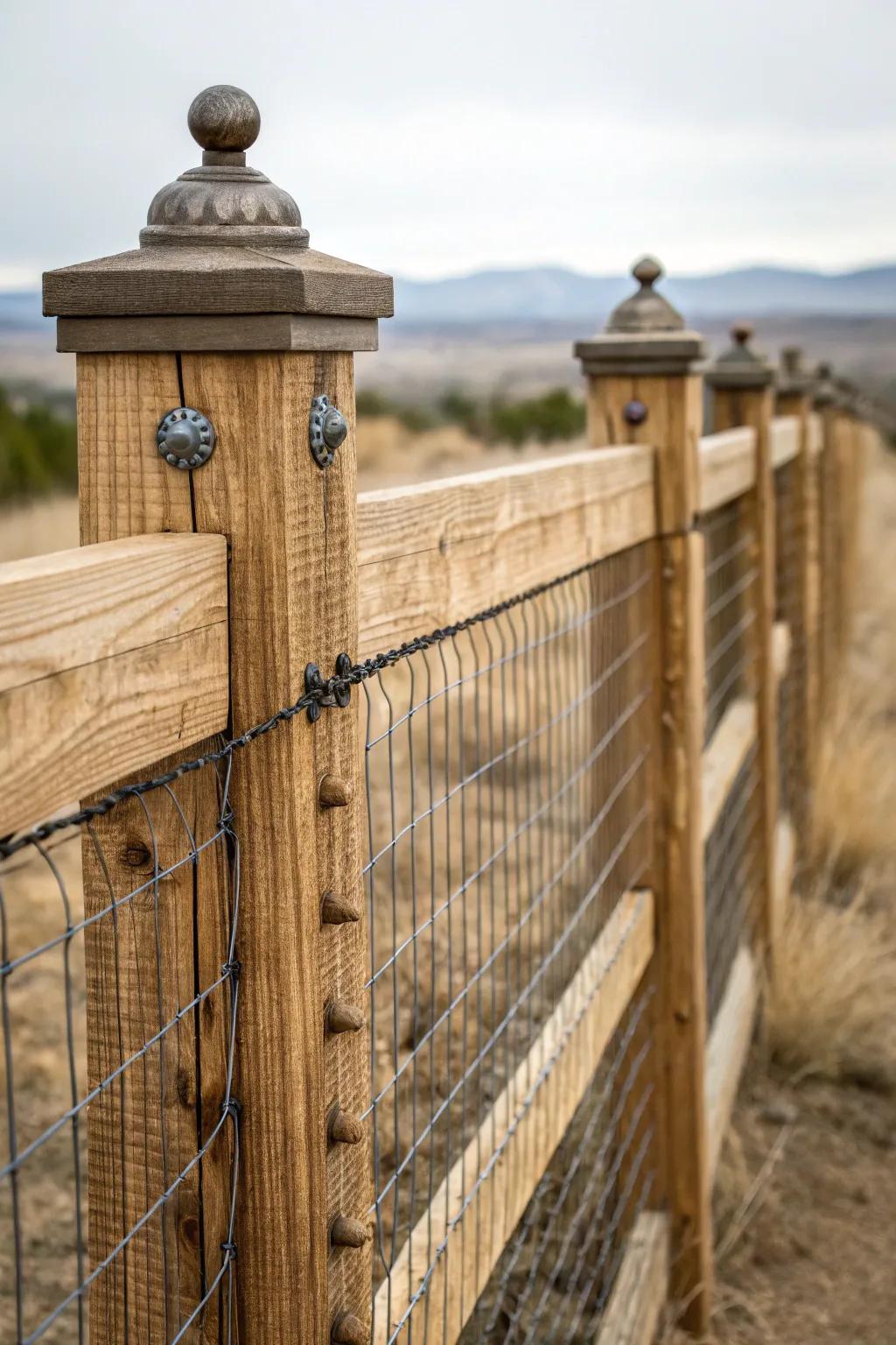 Wood and wire mesh fence with decorative accents for a personalized touch.