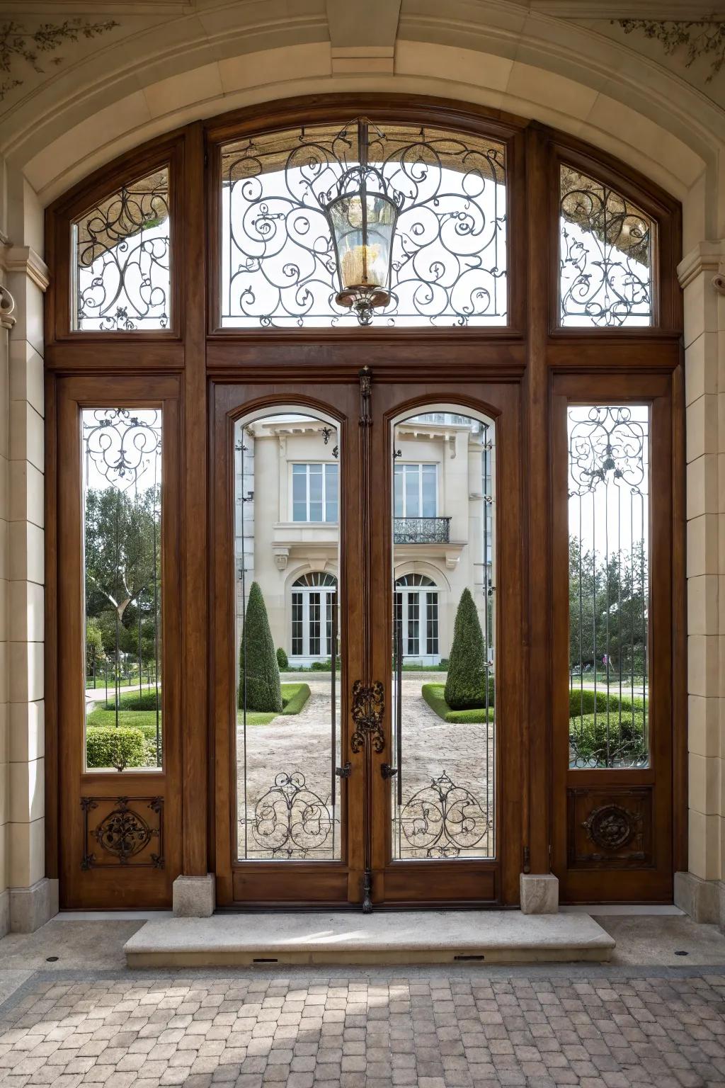 Double door grandeur with decorative glass inserts.