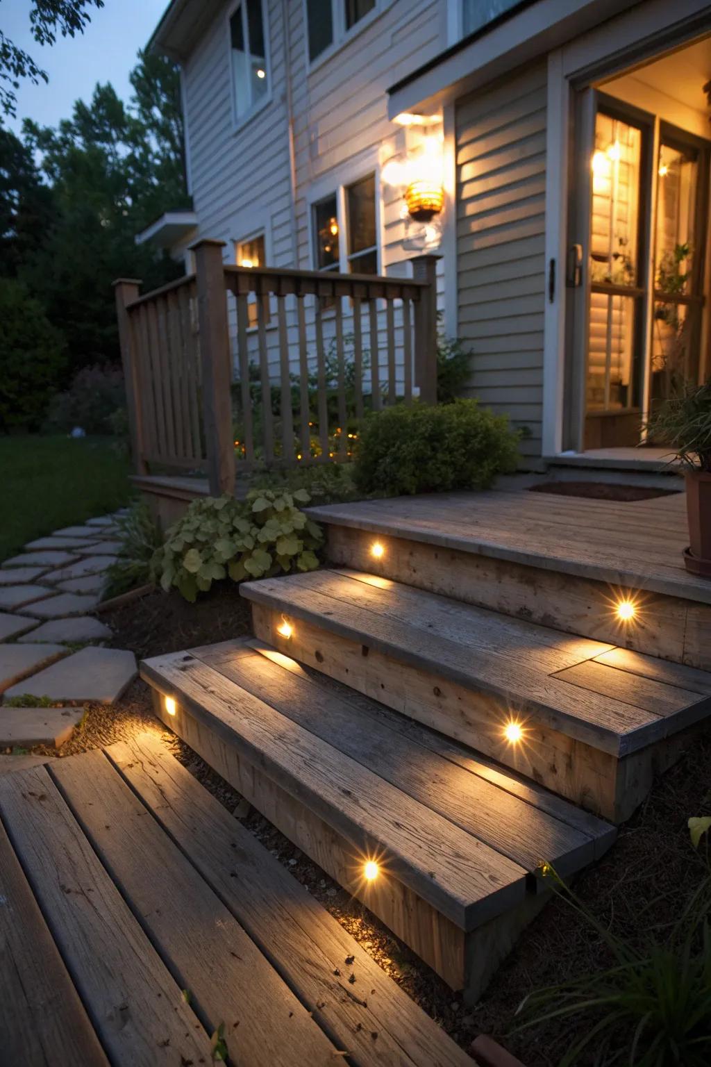 Hidden lighting turns your steps into a nighttime showcase.