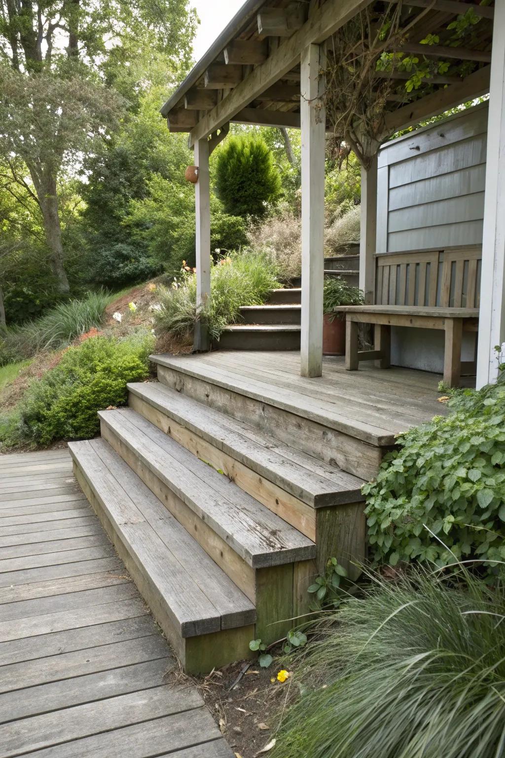 A seating area near the steps invites relaxation and conversation.