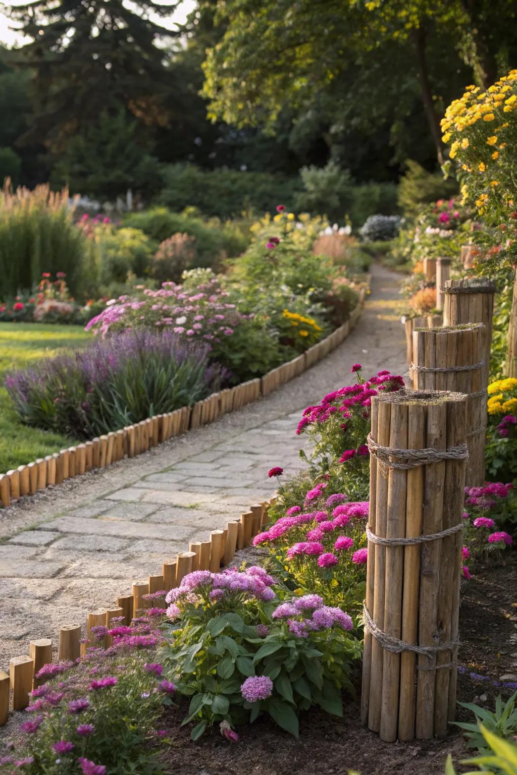 Decorative wooden stakes add a whimsical charm to garden borders.