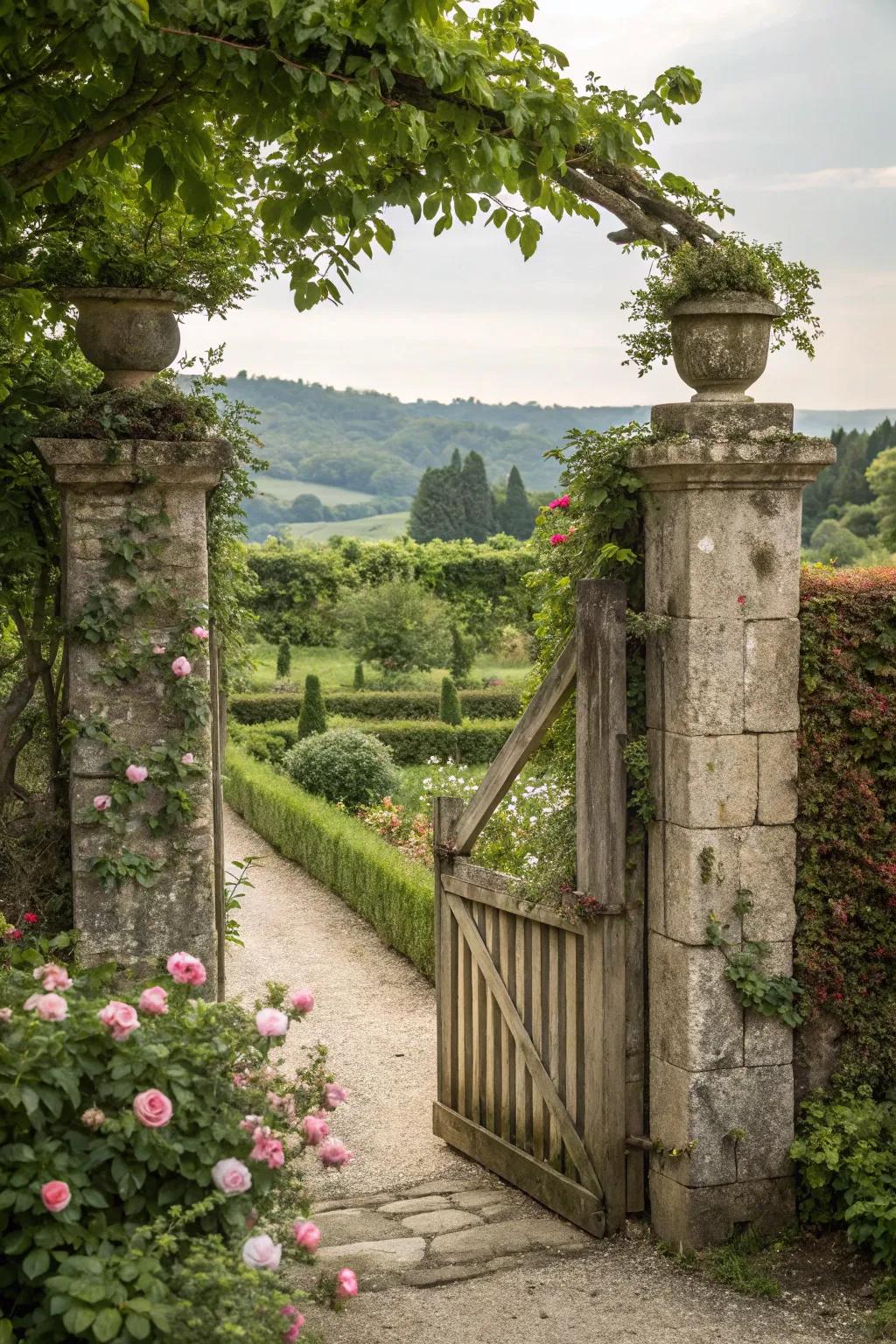 A wooden gate framed by stone, offering a secret garden feel.