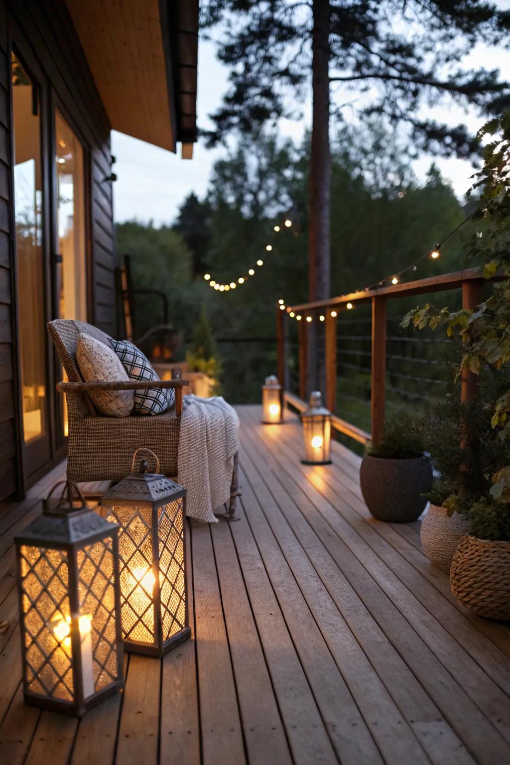 A wooden patio deck beautifully lit with ambient lighting.
