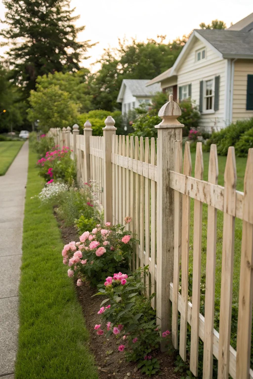 Staggered heights add a playful twist to this traditional picket fence.