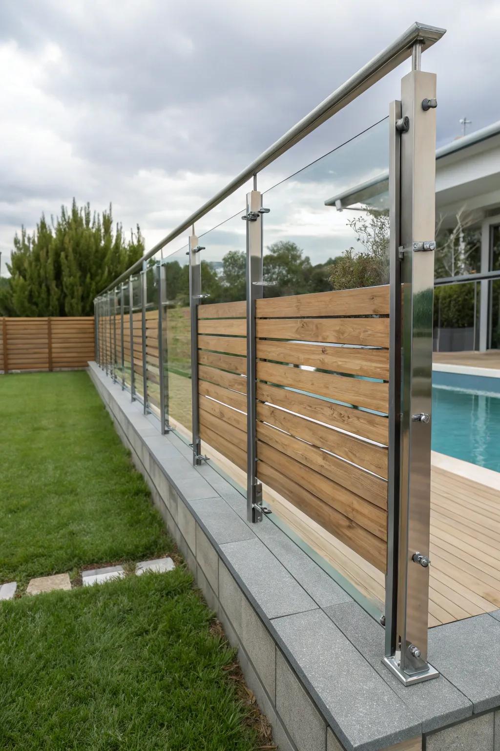 Mixed materials offer a modern and striking pool fence design.