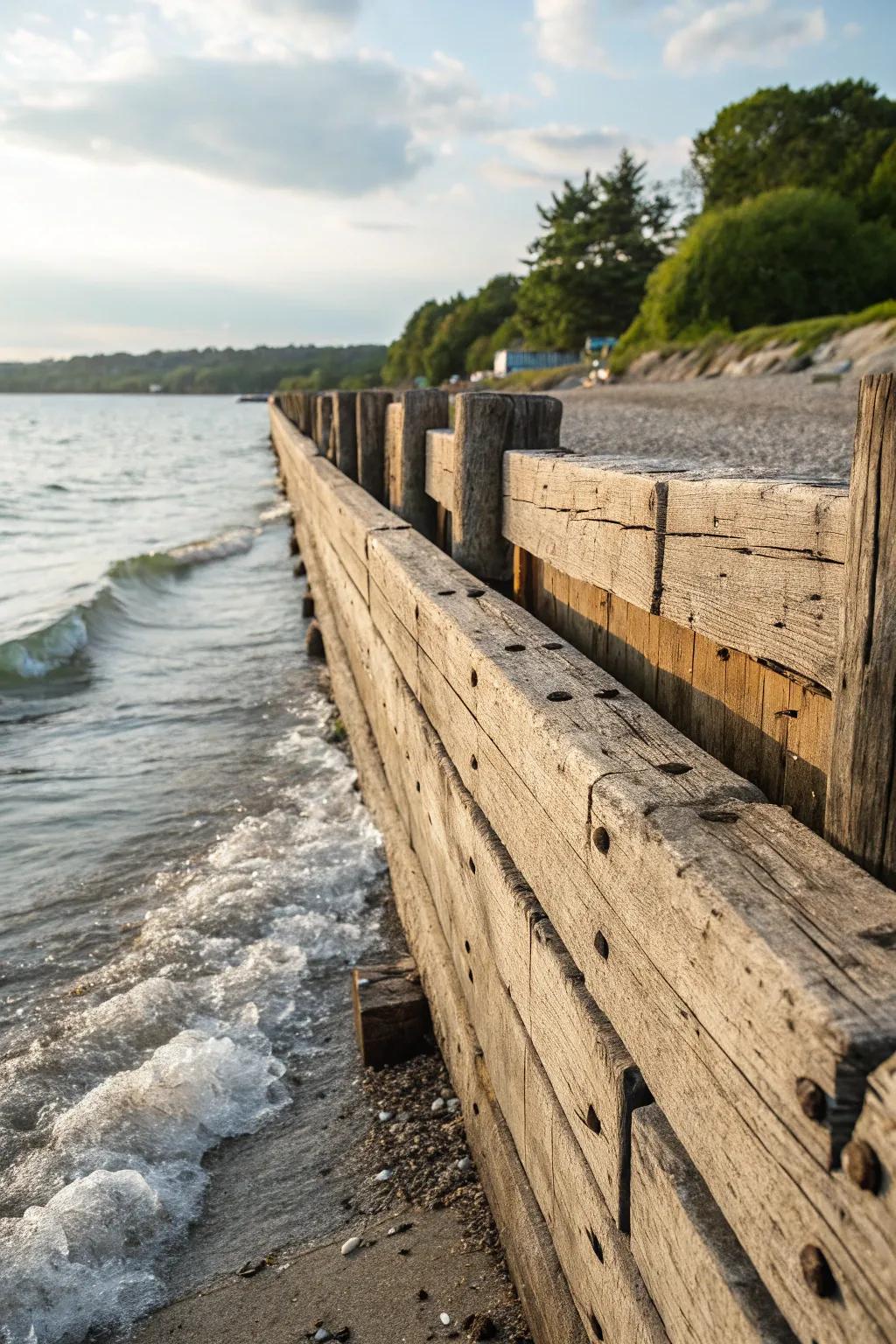 Reclaimed wood gives this seawall a unique character and sustainable edge.