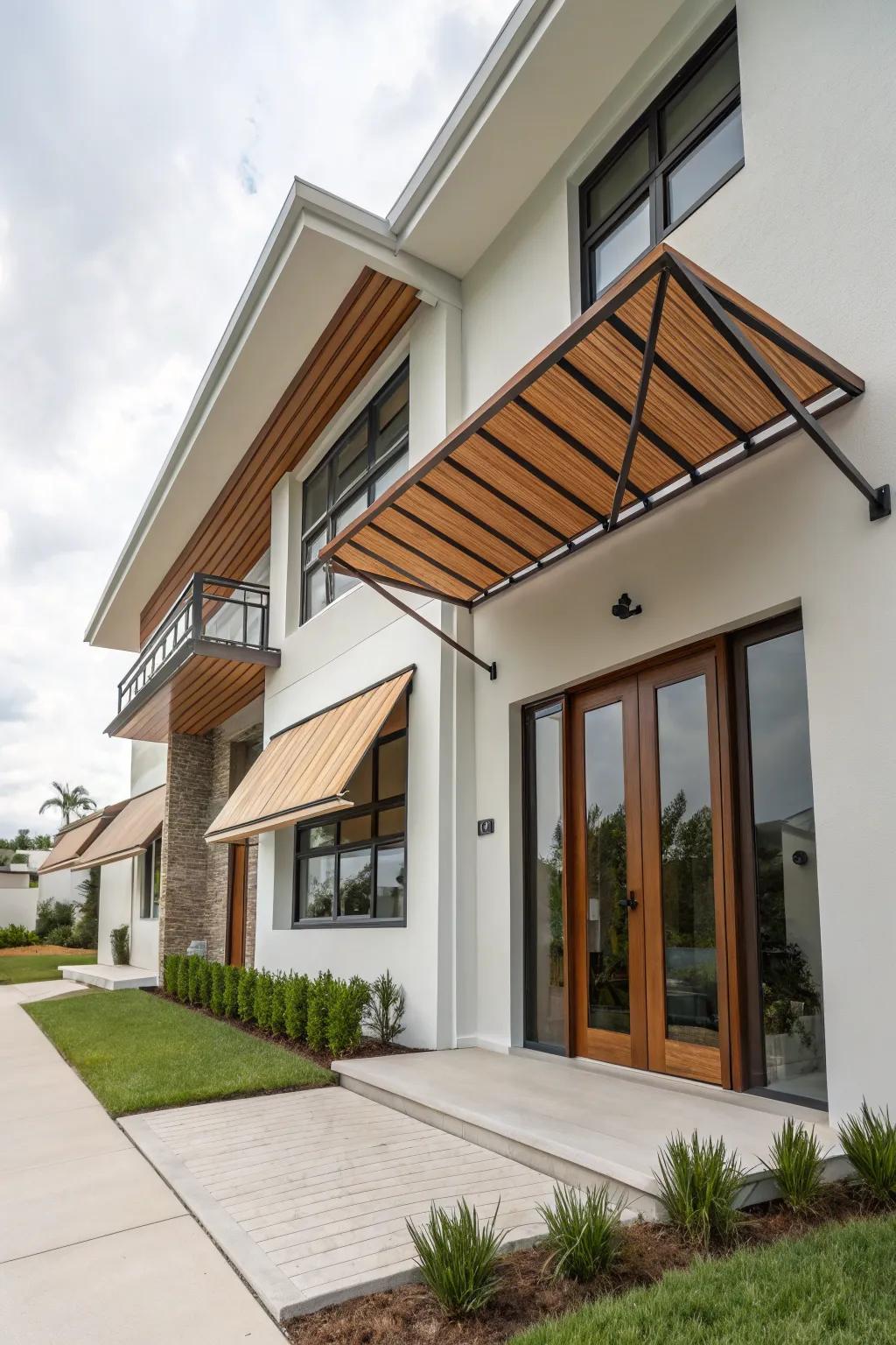 Bold geometric awnings make a modern statement with striking visual impact.