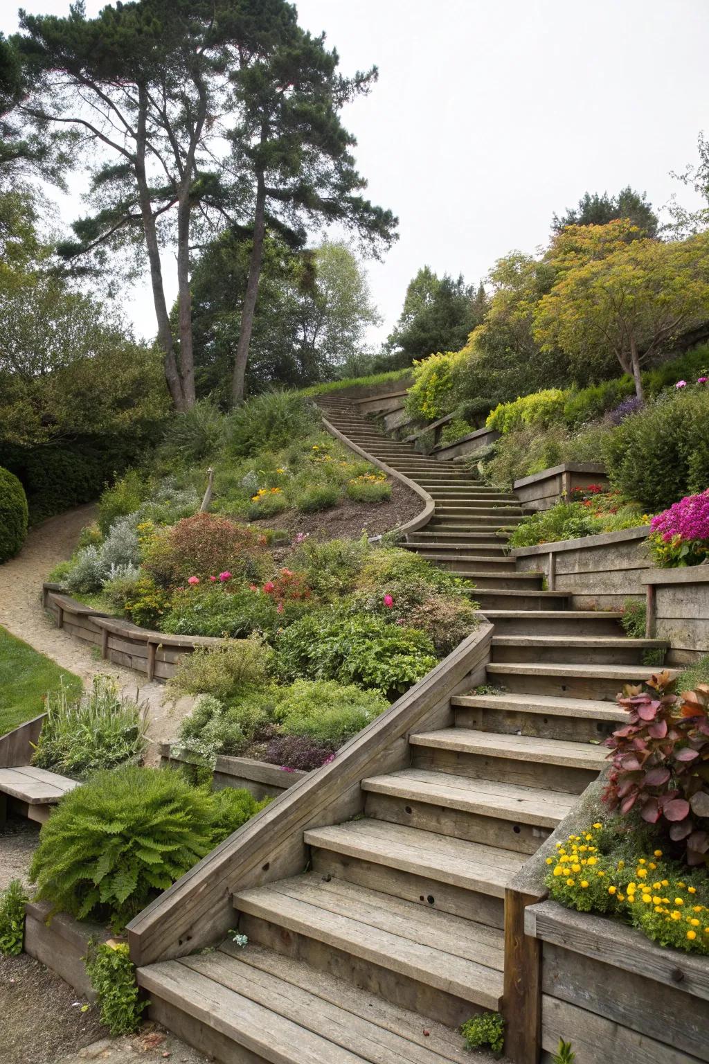 Multi-level steps adding depth and dimension to the garden.