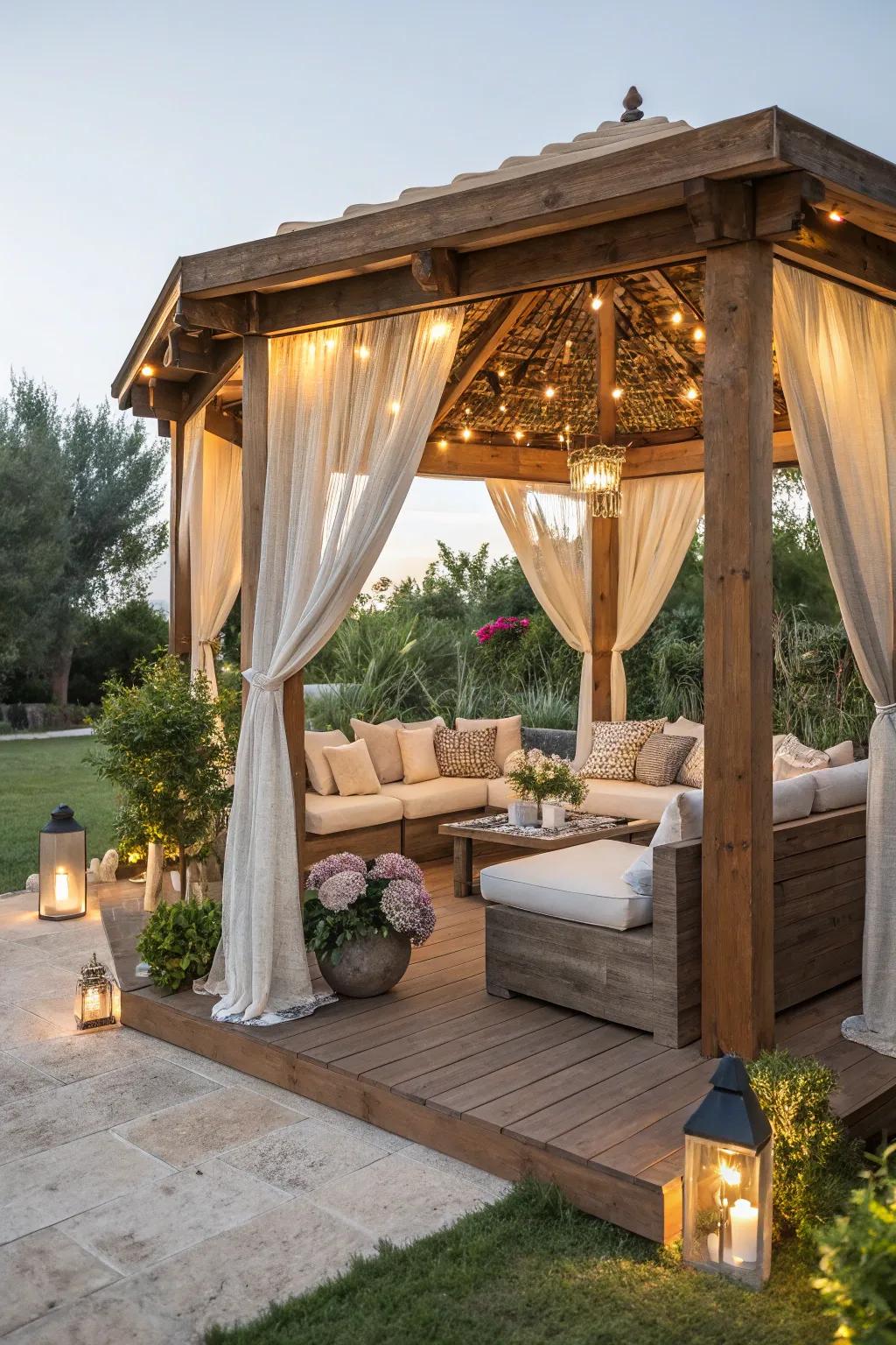 A chic lounge space within a wooden gazebo, perfect for leisure.