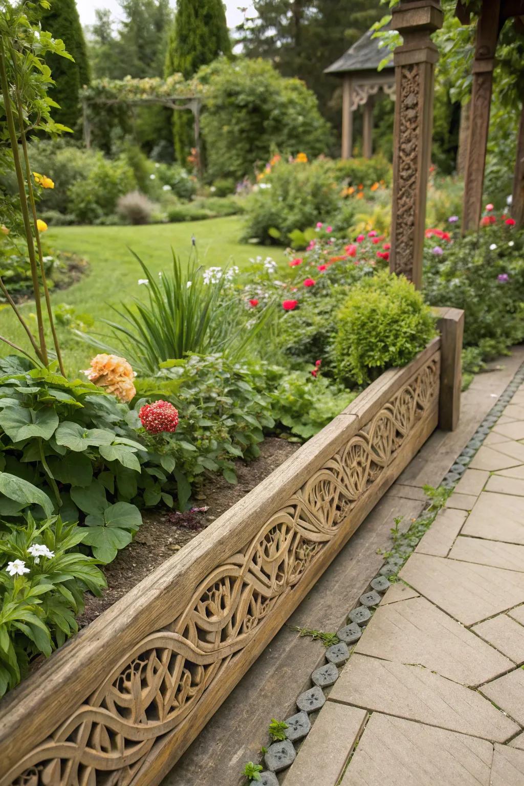 Intricate carved wood adds artistic flair to garden edges.