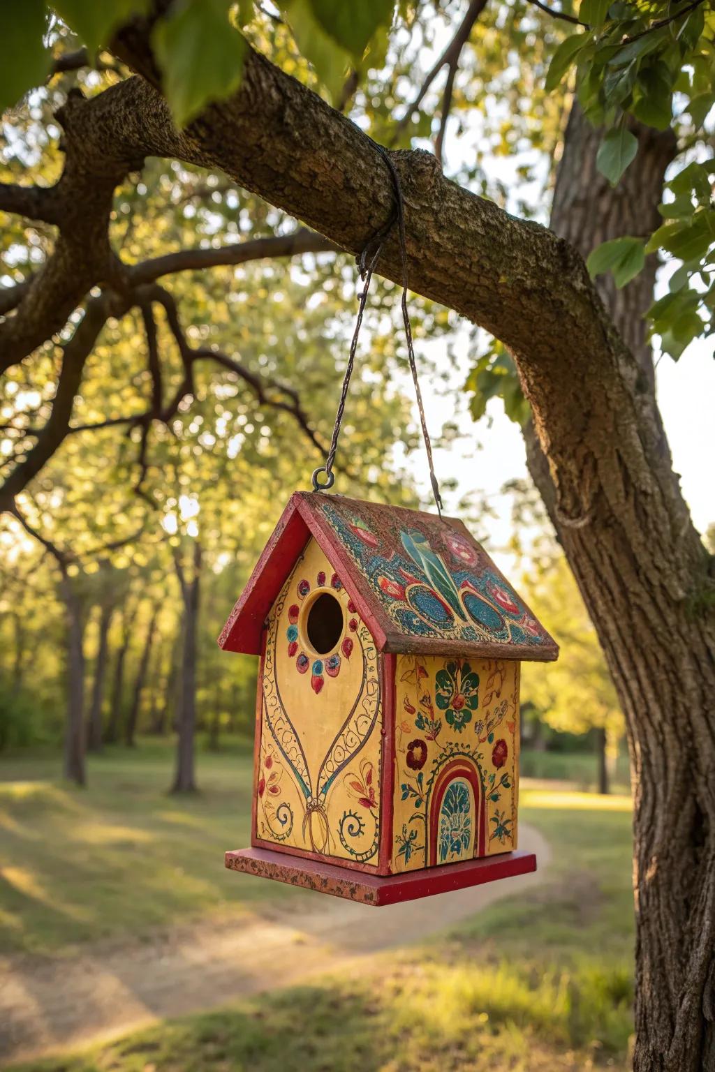 A decorative birdhouse adds charm and attracts birds to the garden.