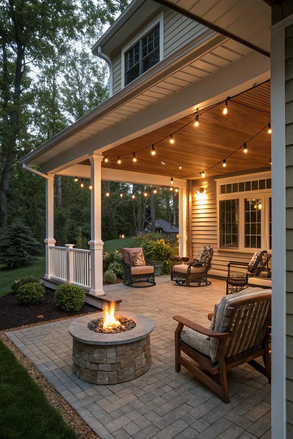 Cozy fire pit setup on a wrap around porch