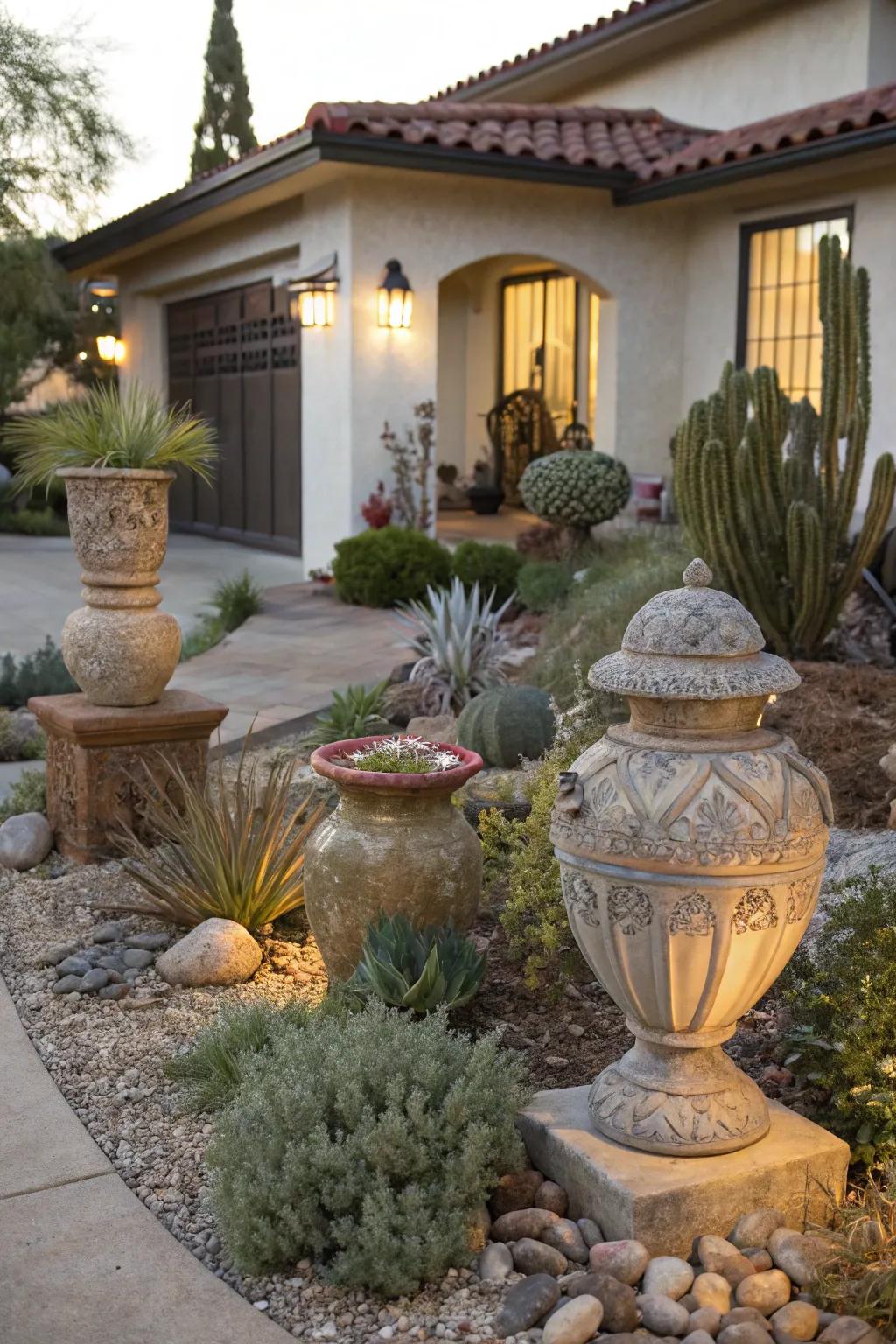 Decorative elements enhancing a xeriscape front yard.