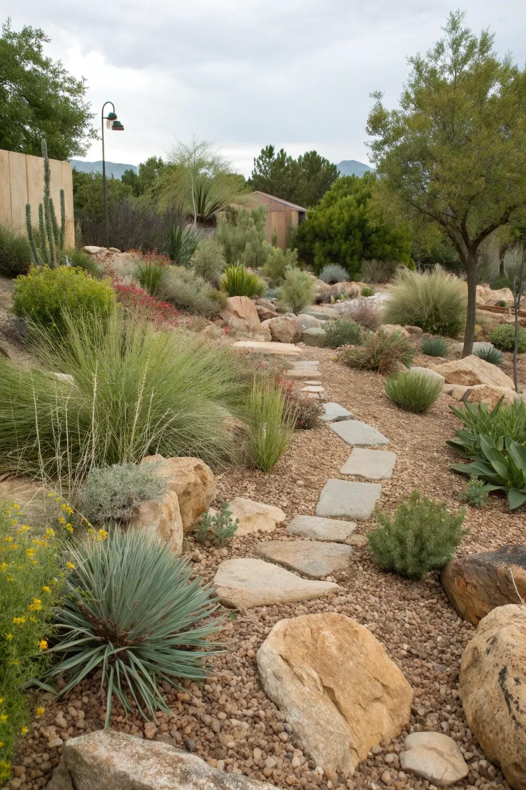 A xeriscape garden with a natural, organic aesthetic.