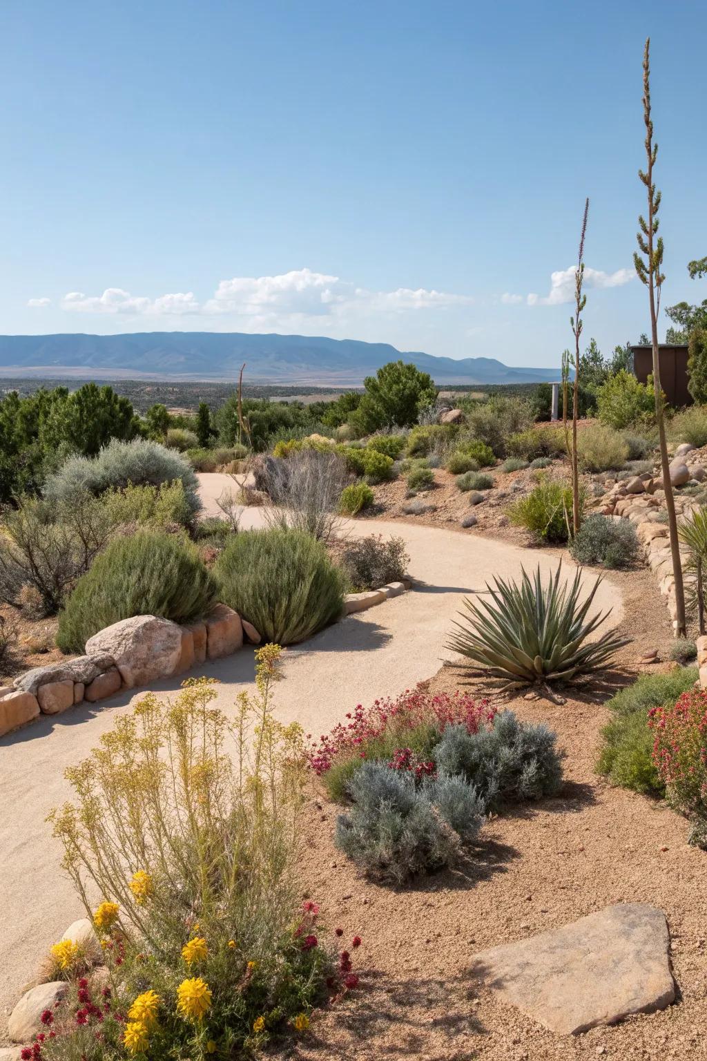 An open xeriscape garden with sandy textures and native plants.
