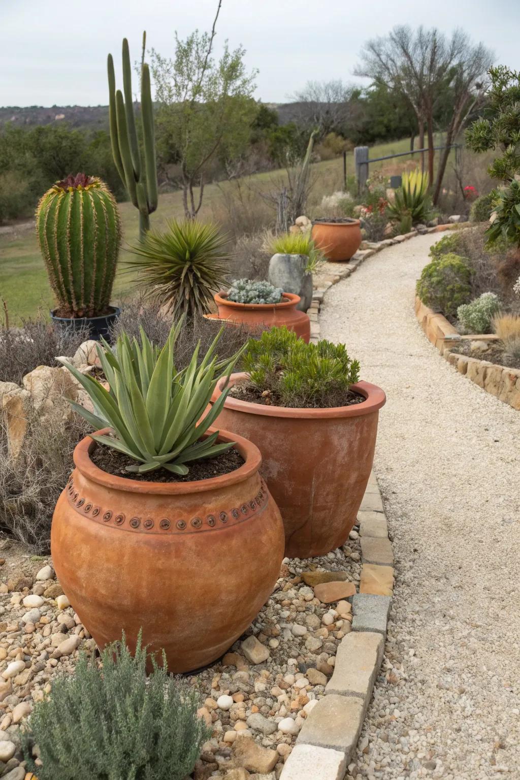 Terracotta pots offer versatility and visual interest.