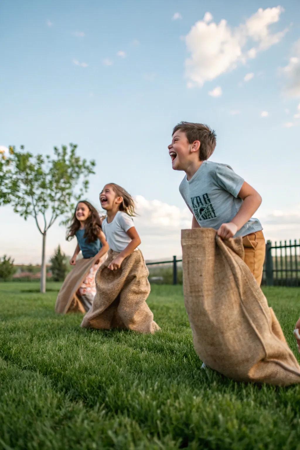 Laughter-filled sack race in the backyard.