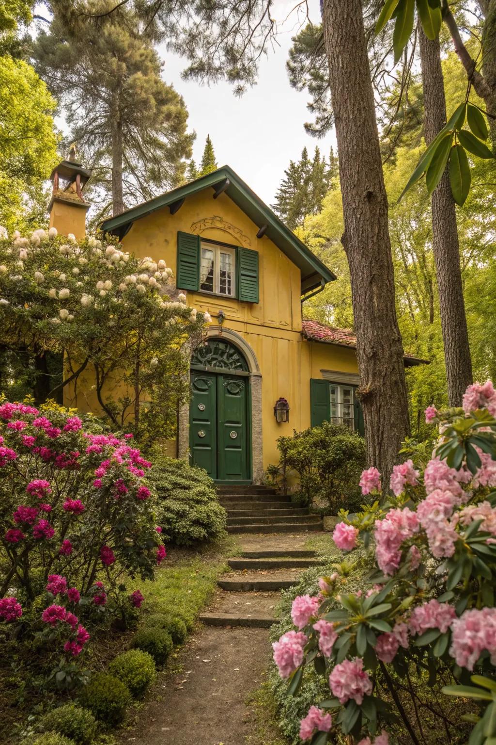 Green doors harmonize with yellow houses and nature.