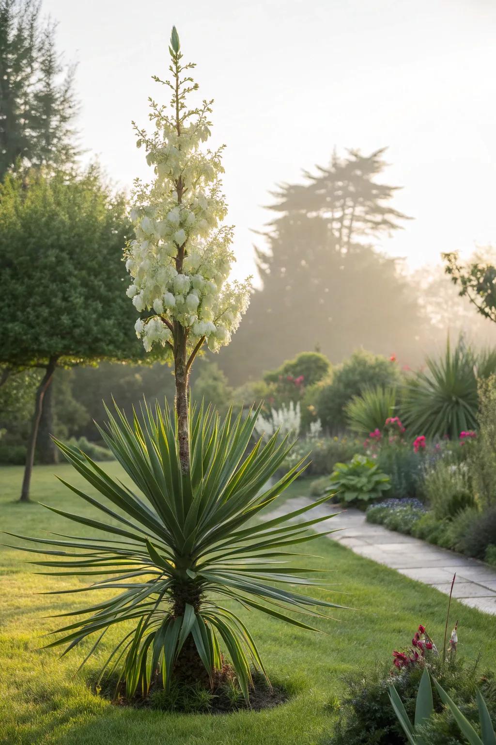 A yucca plant serving as a sculptural garden specimen.