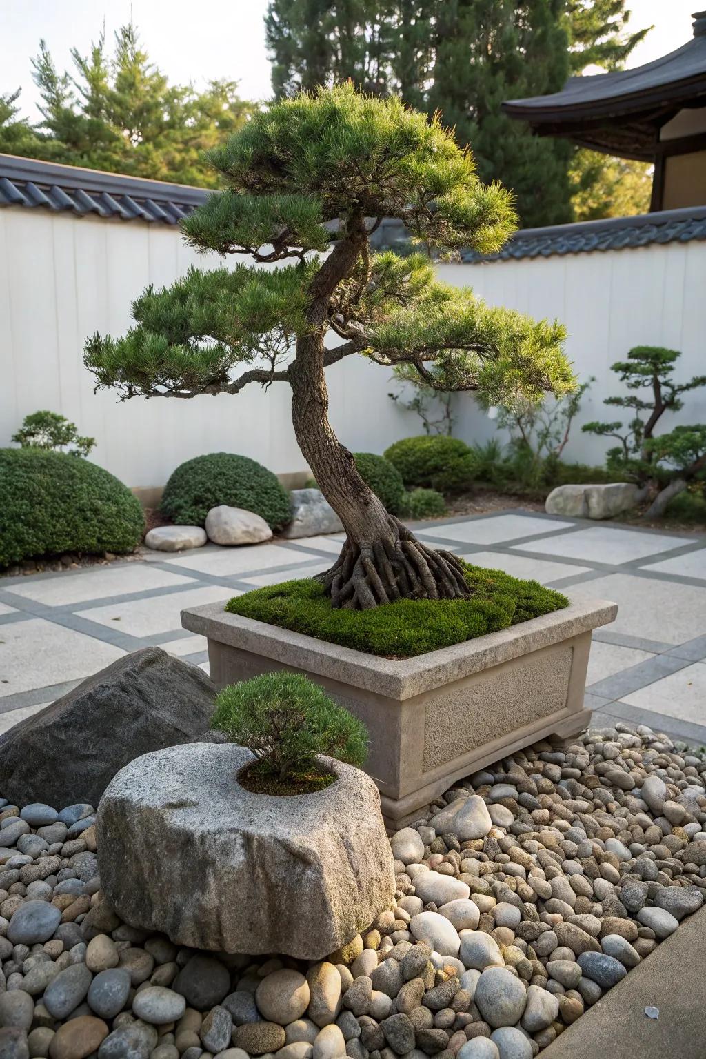 Bonsai trees offer a stunning focal point.
