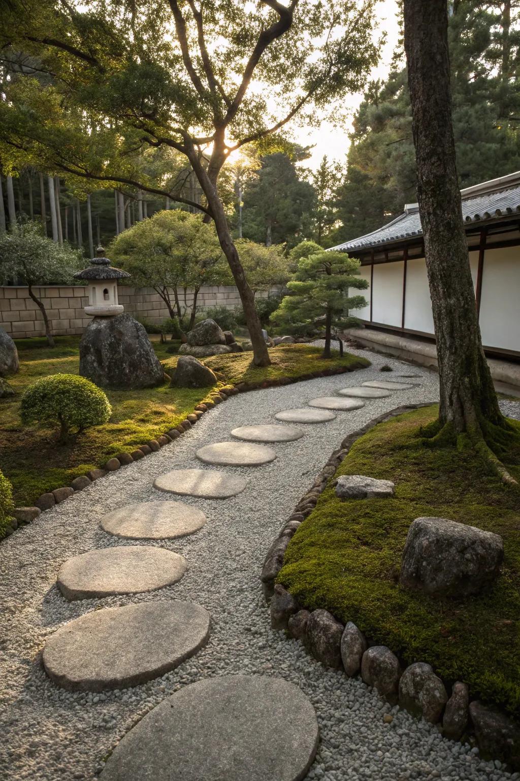 Stepping stones create a pathway of contemplation and exploration in a zen garden.