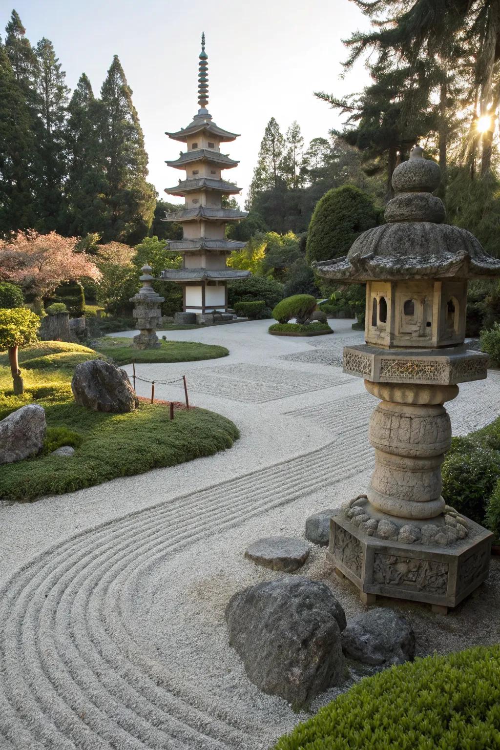 Cultural elements like stone lanterns add a traditional touch.