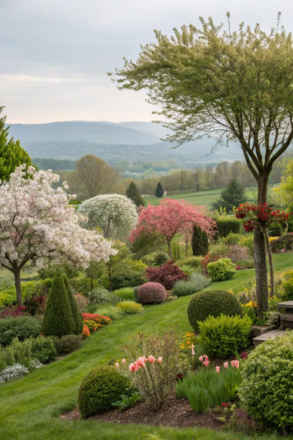 Ornamental trees add height and visual interest.