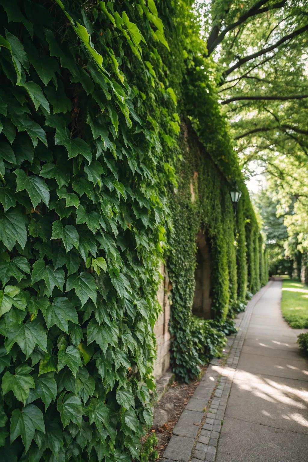 Boston ivy adds lush vertical greenery to shaded garden structures.