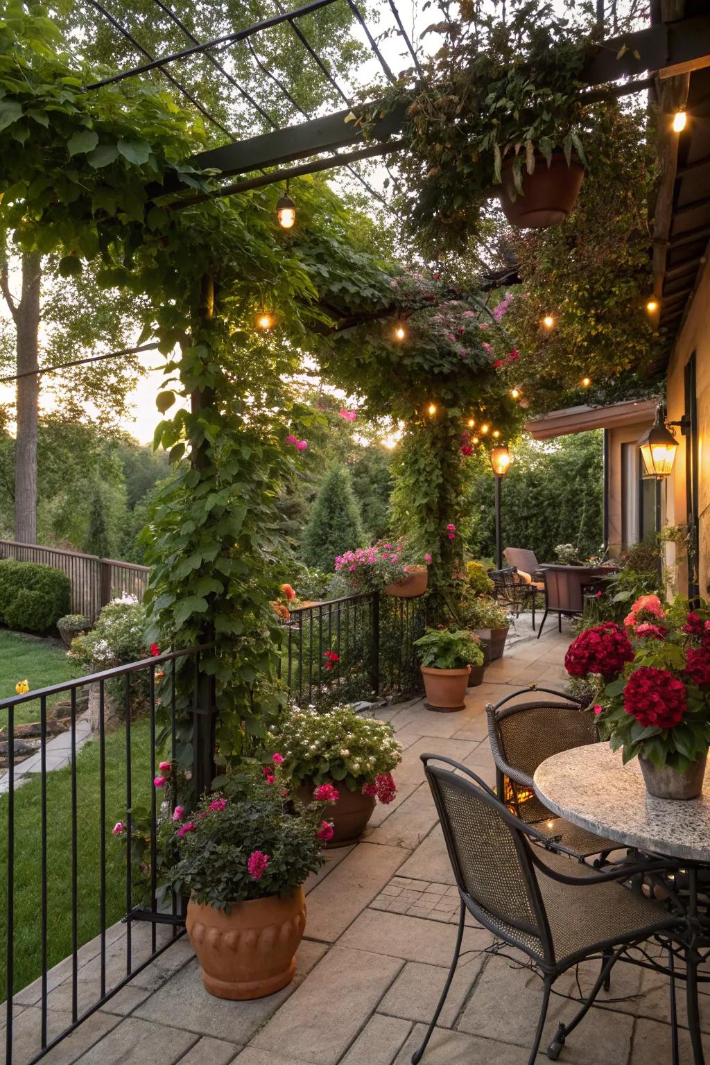 A patio oasis with lush greenery in zone 7.