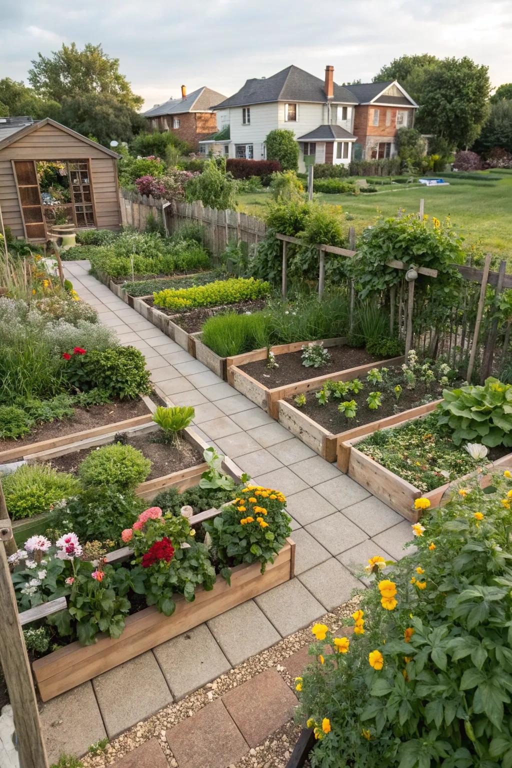 A compact garden with a functional, space-efficient layout.