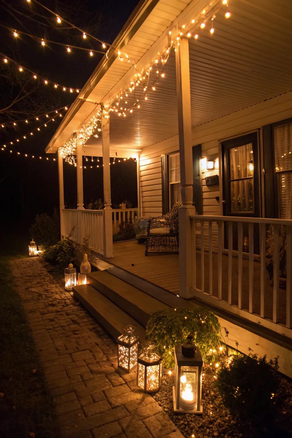 Ambient lighting turns your porch into a cozy haven at night.