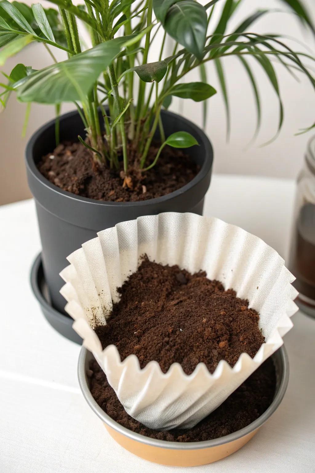 Use coffee filters to keep soil neatly in pots.