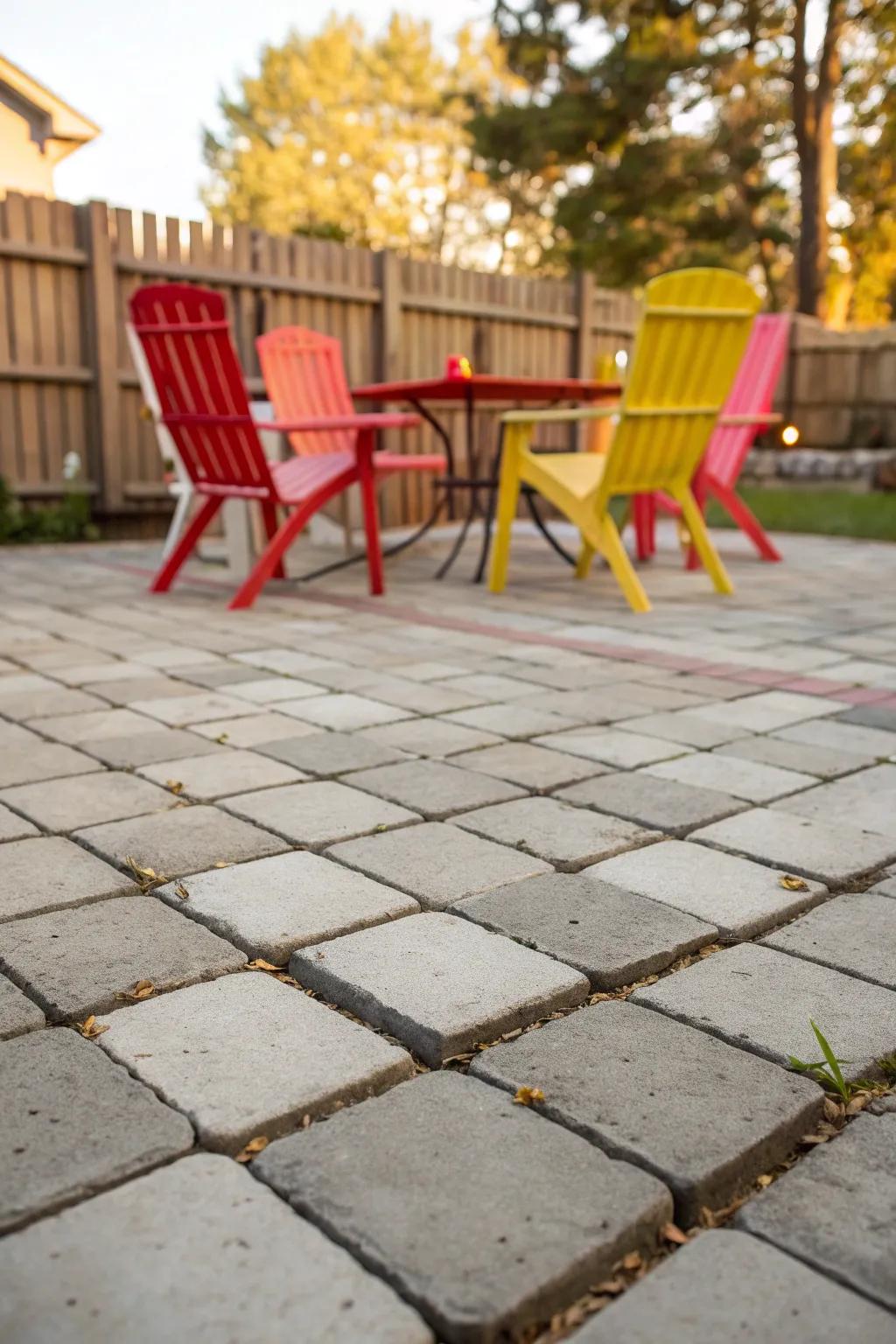 Vibrant color contrasts bring life to a concrete paver patio.