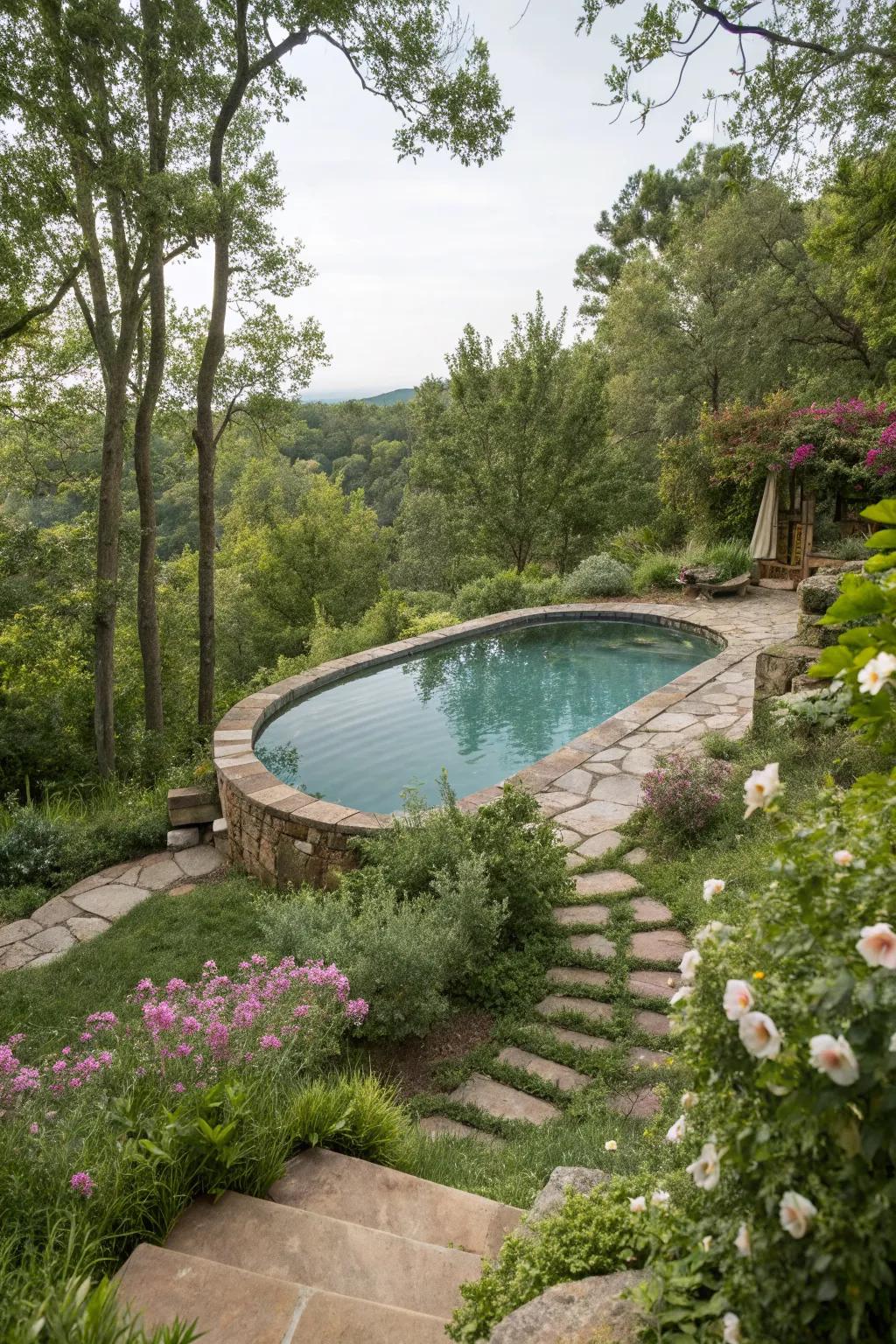Natural landscaping making the pool a garden centerpiece