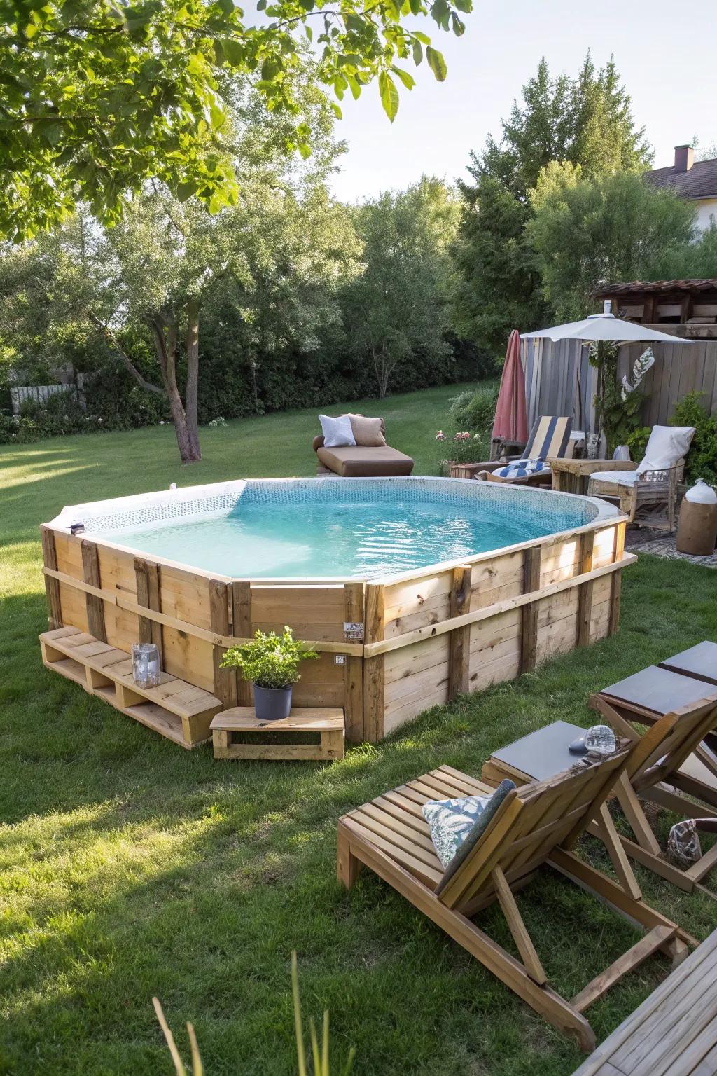 Wood pallet frames add rustic charm to above ground pools.