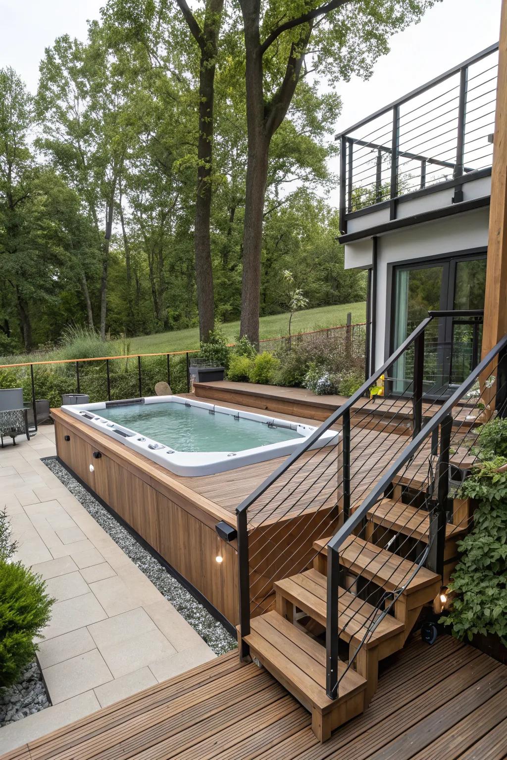 A blend of modern and rustic styles creates a unique and inviting swim spa deck.