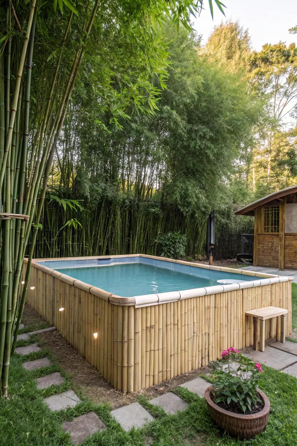 An organic facade using bamboo to enhance the pool's natural appeal.