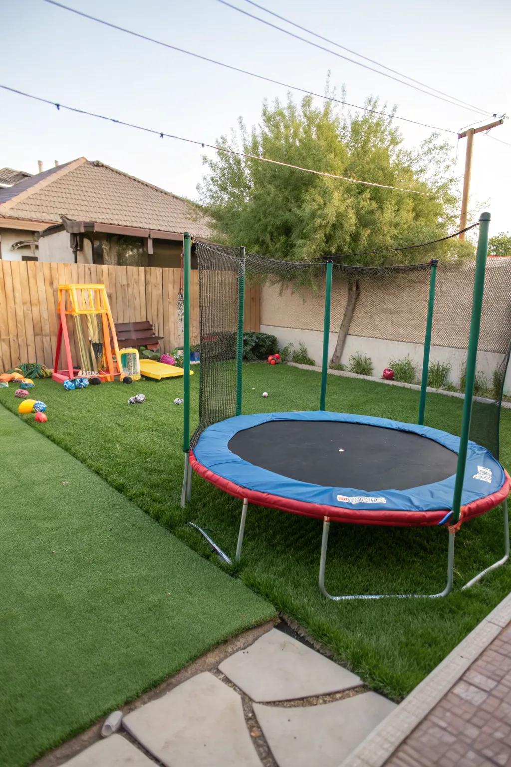 Artificial grass provides a neat and maintenance-free trampoline area.