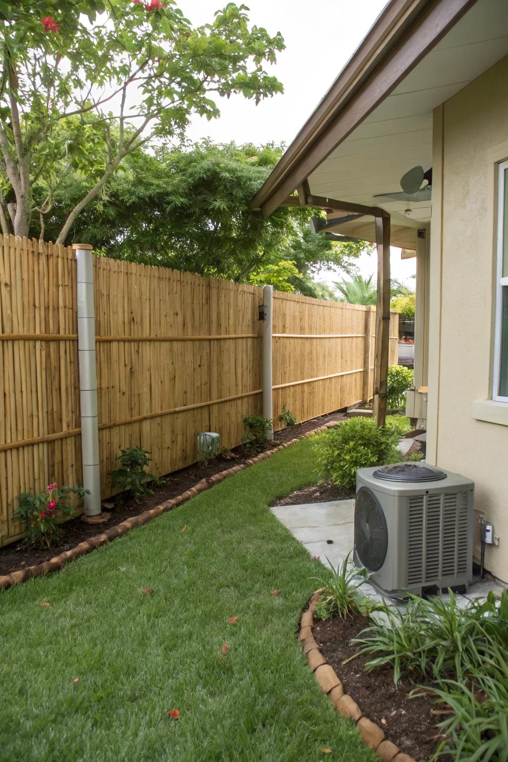 Bamboo fencing creates a tropical vibe while hiding the AC.