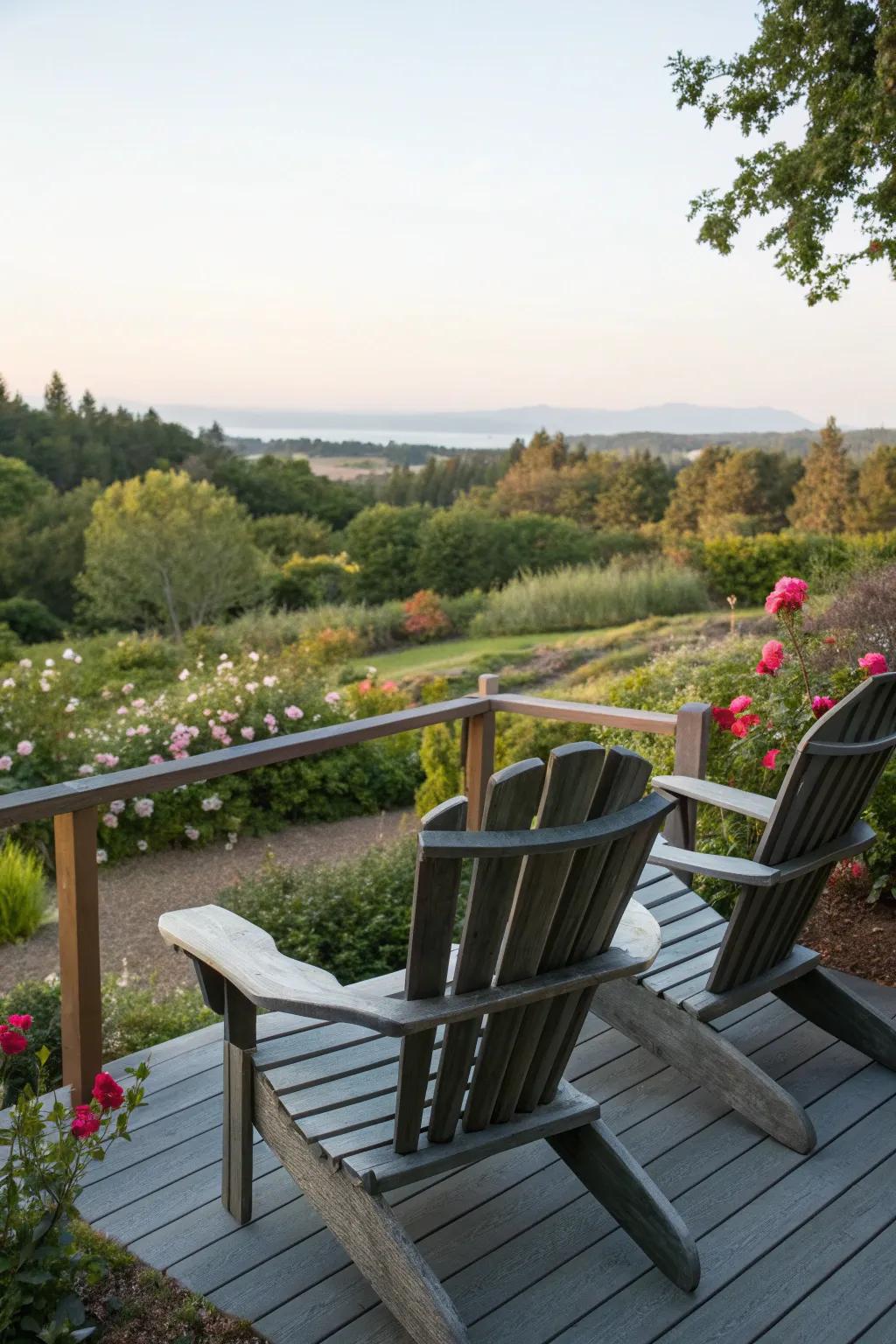 Kick back and relax with Adirondack chairs and footrests.