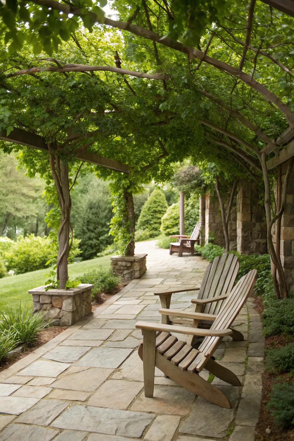Stone patios provide an elegant setting for Adirondack chairs.