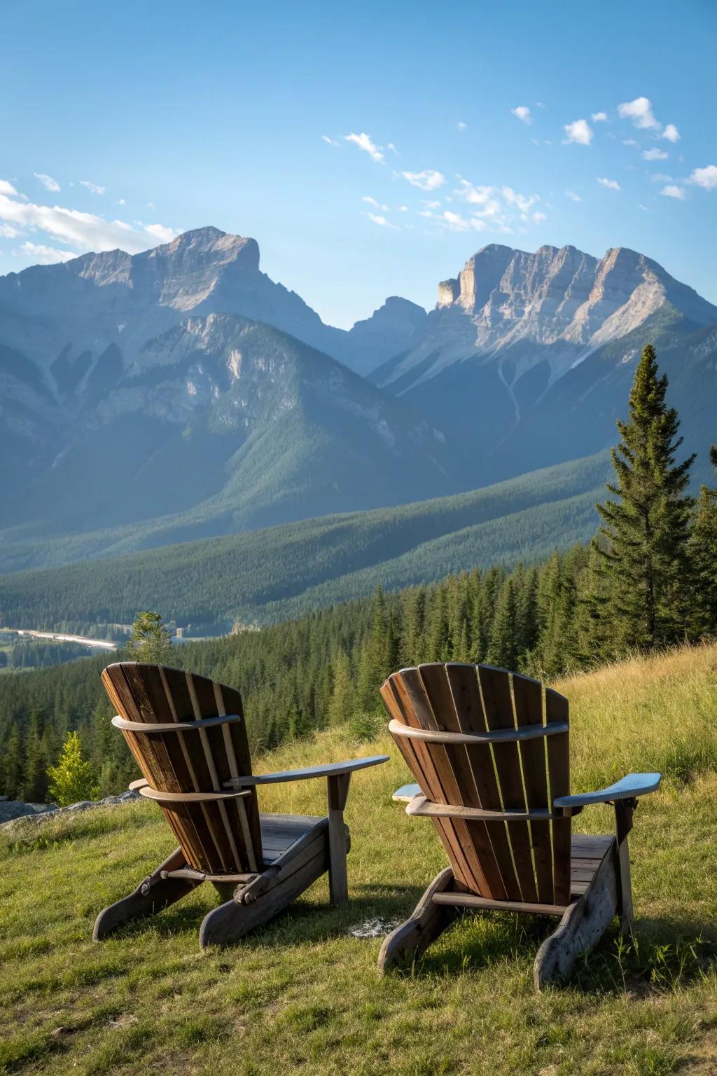 Adirondack chairs offer a serene haven with mountain views.